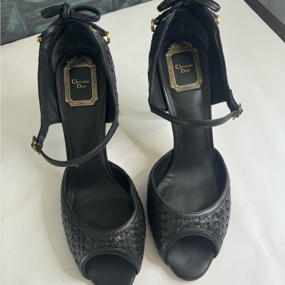 Christian Dior Peep Toe Woven Leather Ankle Strap Heels